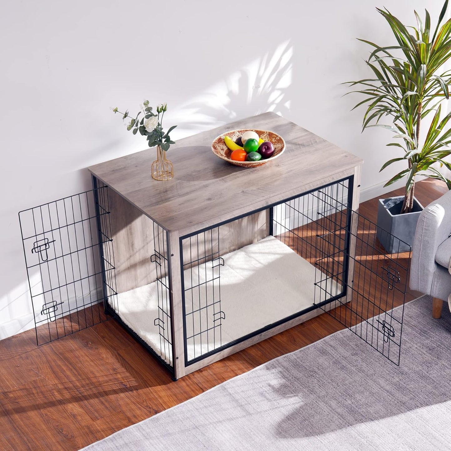 DWANTON Dog Crate Furniture with Cushion, Wooden Kennel Table with Double Doors, Indoor Dog House, Extra Large Size, 43.3" L, Greige