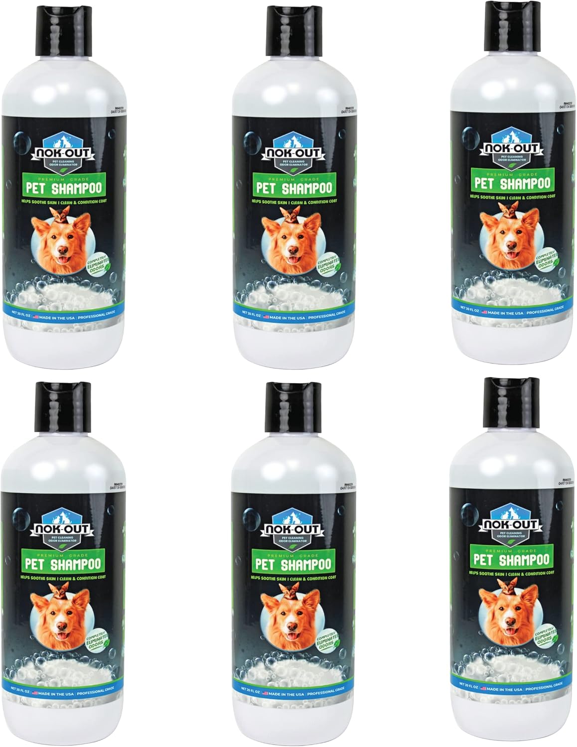 NOK OUT Premium Grade Pet Shampoo for Dogs and Cats, Veterinary Strength and Odor Eliminator Formula, Made in the USA, 20 Ounce Bottle, 6-Pack
