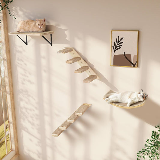 Wall Mounted Cat Shelves Stairs Set, 4 Piece Wood Cats Wall Furniture with Sisal Cat Window Perch, Flat Perch & Dual 4-Step Ladders for Climbing & Scratching