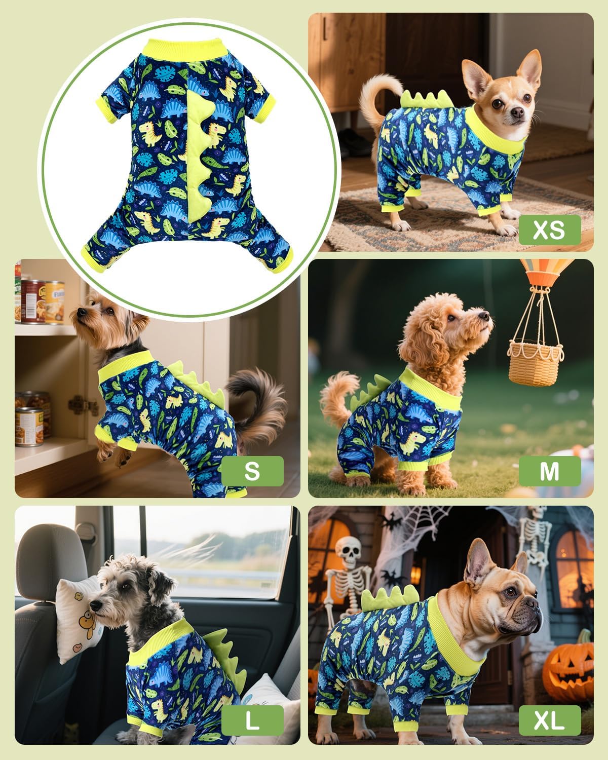 CuteBone Dinosaur Costume Dog Pajamas, Stretchy Spandex Crystal Velvet Sleepwear Coat for Small Dogs, Soft & Warm Pet Outfit Clothes for Cold Weather, Cozy Pullover Design COSP10M