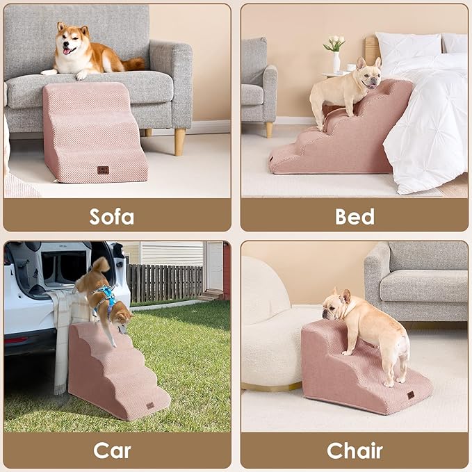EHEYCIGA Curved Dog Stairs Ramp for Small Dogs 15.7" H, 3-Step Dog Steps for Couch Sofa and Chair, Pet Stairs for Cats, Non-Slip Balanced Pet Steps Indoor, Dusty Pink