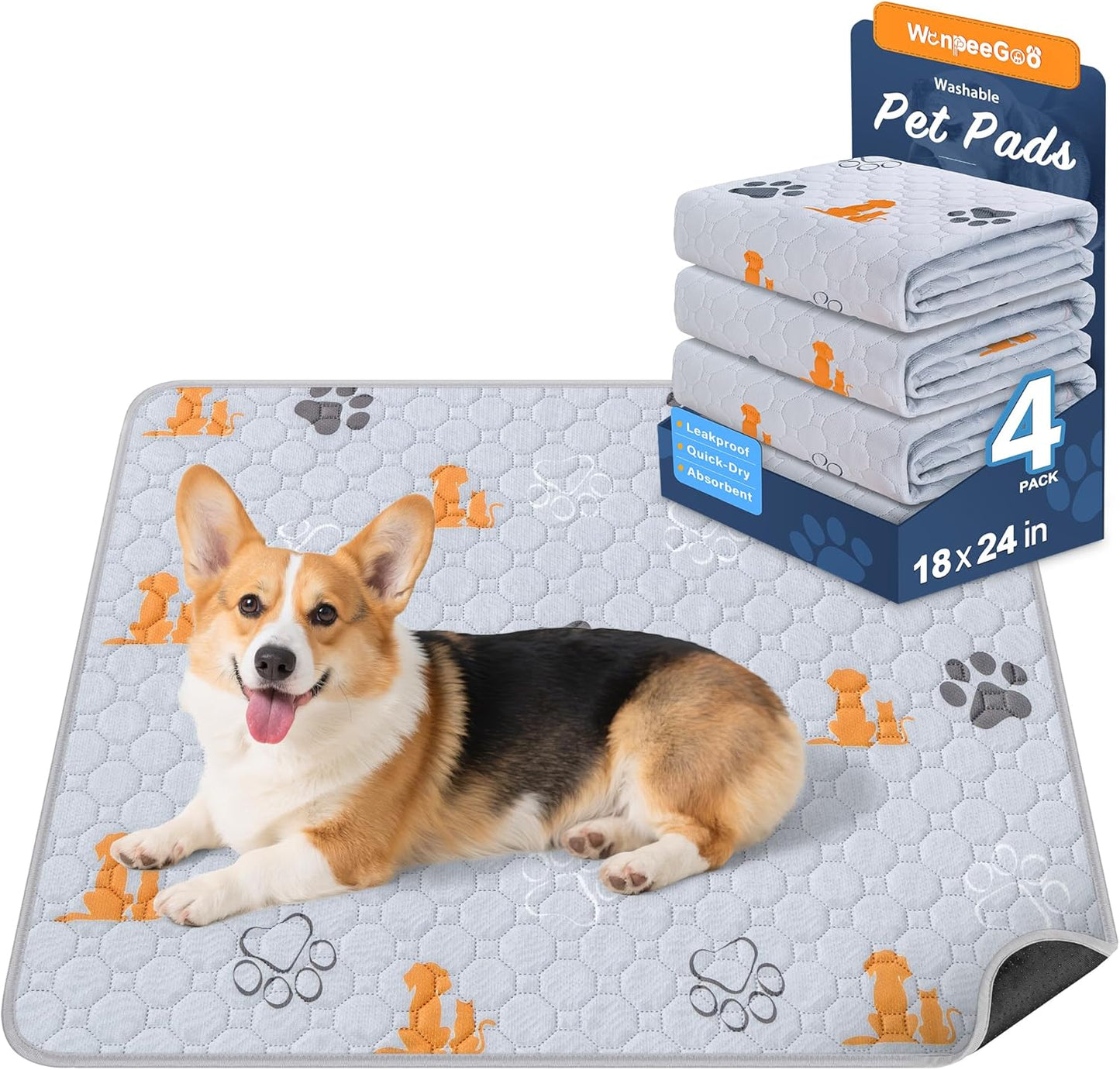 Washable Pee Pads for Dogs, 4 Pack Absorbent Reusable Training Dog Pads Pet Puppy Pads, Non-Slip Potty Pads for Whelping, Playpen, Crate, Bed, Orange, 18"x24"