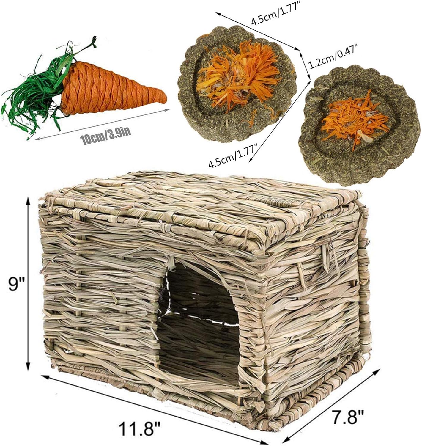 kathson 2 Pcs Rabbit Grass House Natural Foldable Hand Woven Seagrass Bed Carrot Hay Toy Hut Safe Comfortable Playhouse with Bunny Chew Toys for Bunny Hamster Guinea Pig Chinchilla Ferret