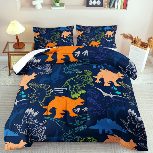 Blue Dinosaur Comforter Set Queen Boys,Cute Dinosaur Bedding Set Queen for Kids,Kawaii Dragon Comforter Blue Bedroom Decor,Cute Animal Bedding Kawaii Animal Quilt Boys