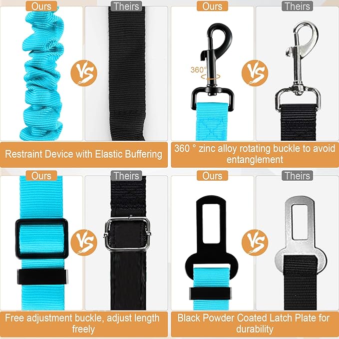 LivTee Dog Seat Belt for Car, Retractable Pet Safety Harness, Adjustable Nylon Dog Seatbelt Leash, Comfortable Dog Accessories for Vehicles (Teal-2PCS)