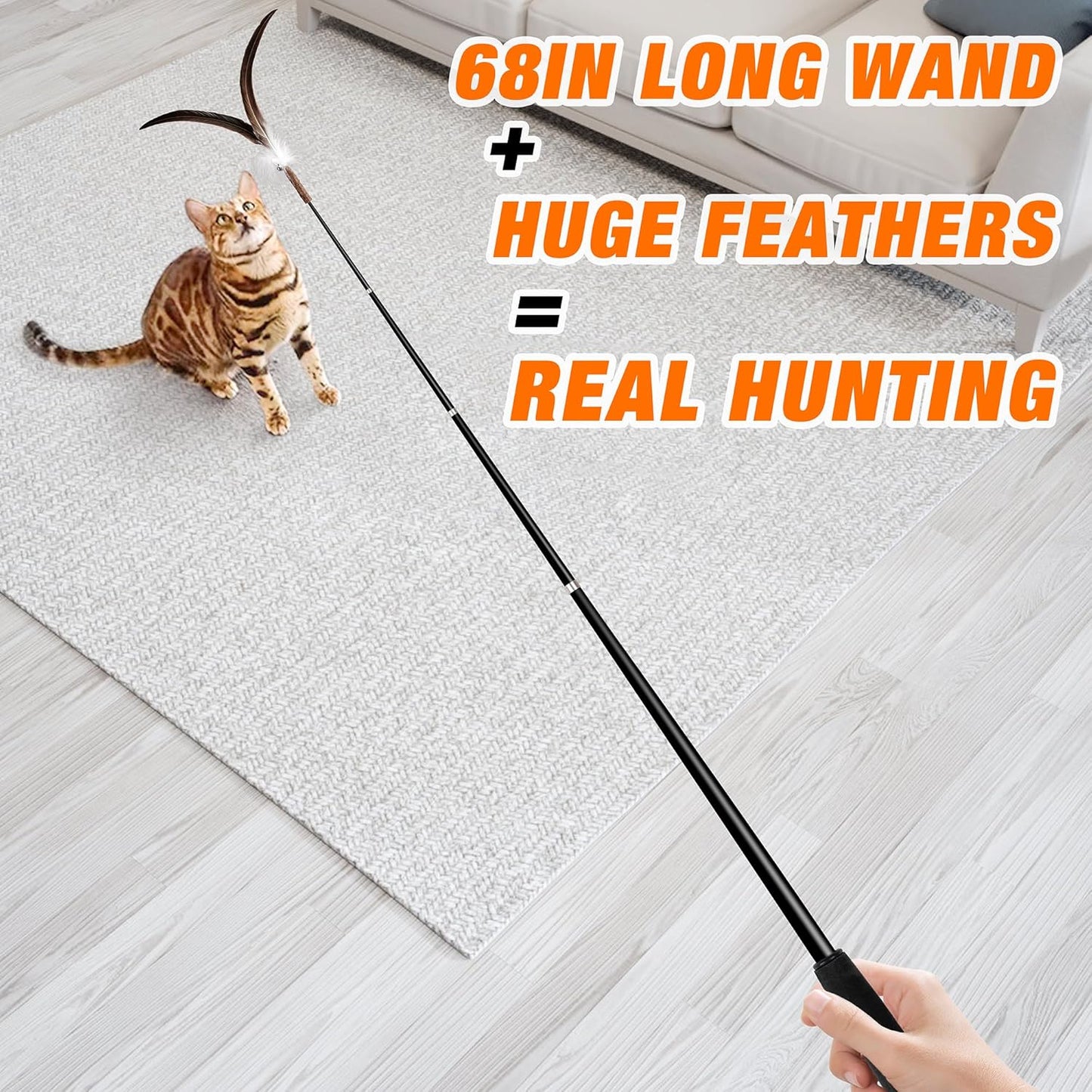 JXFUKAL 2025 Latest Cat Wand Toy, 68”Extra Long Cat Fishing Pole Toy, 4PCS Natural Huge Feather Refills with Silvervine Sticks for Indoor Cats Kitten Kitty Teeth Cleaning Exercise Accessories