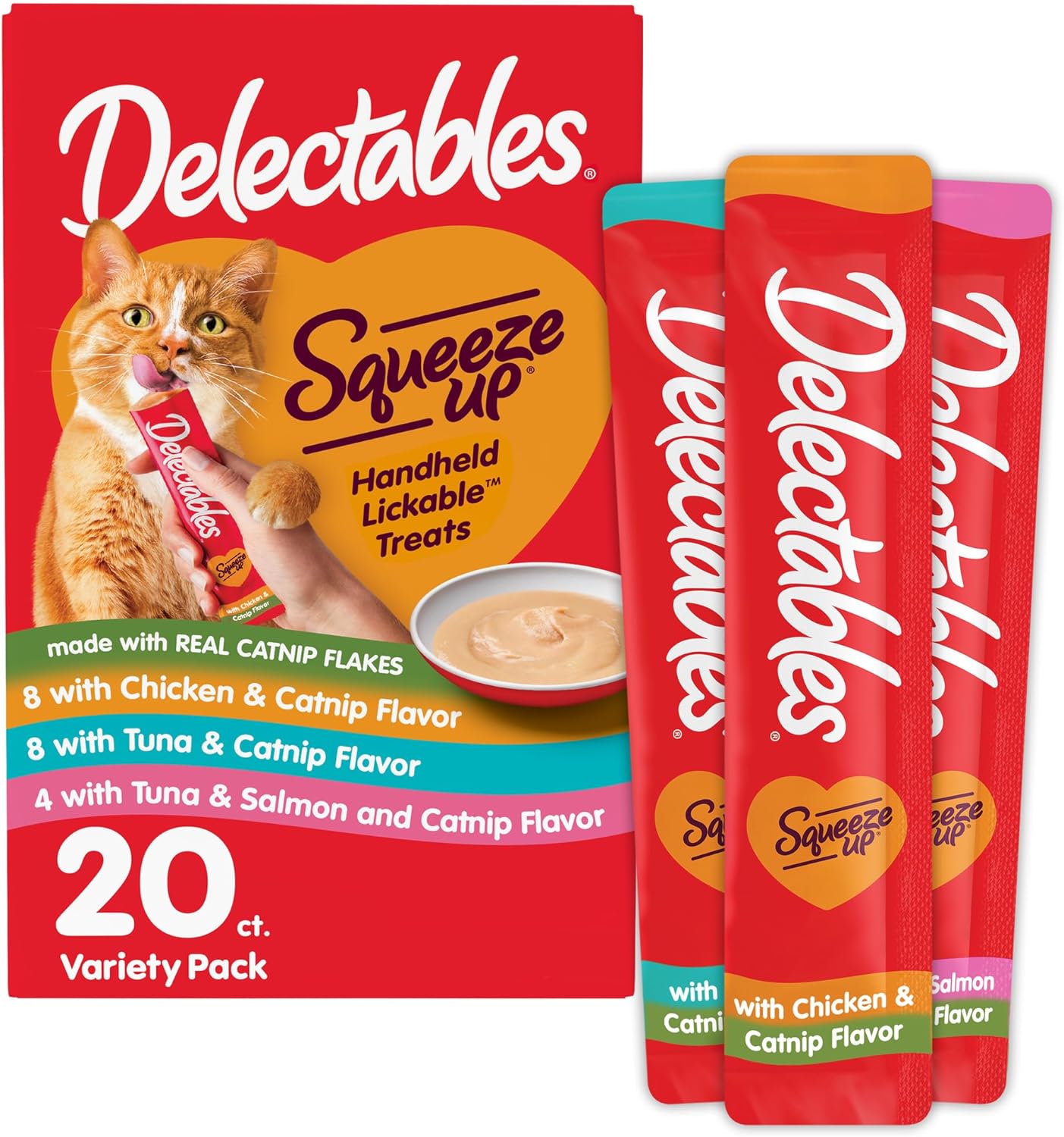 Delectables Squeeze Up Catnip Variety Pack, Creamy Squeezable Puree, Lickable Wet Cat Treats, Grain Free, No Added Fillers, No by-Products, No Added Preservatives, 0.5 Ounces Tube, 20 Tubes Total