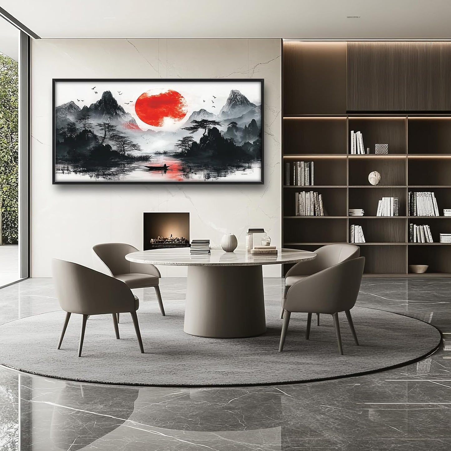 Framed Large Japanese Mountain Wall Art for Living Room, Oversized Asian Red Sun Lake Landscape Wall Decor Nature Canvas Painting Home Decoration for Living Room Bedroom Office 60"x30"