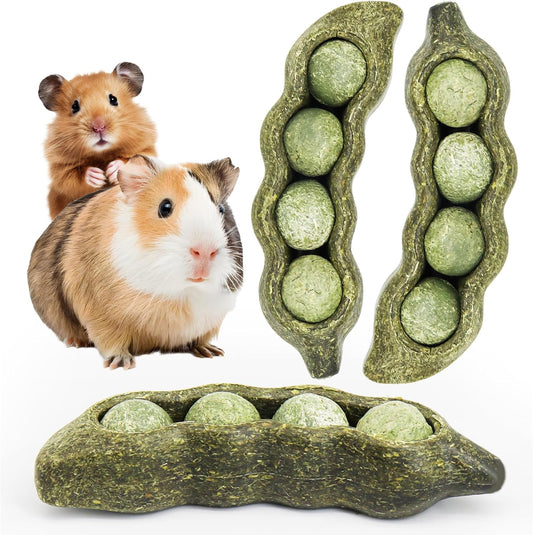TEEWY 3PCS Guinea Pig Chew Toys, Prevent Teeth Overgrowth, Natural Vegetables and Timothy Grass, Hamster Chew Toys, Guinea Pig Toys, Chinchilla Toys, Peapod-Shaped