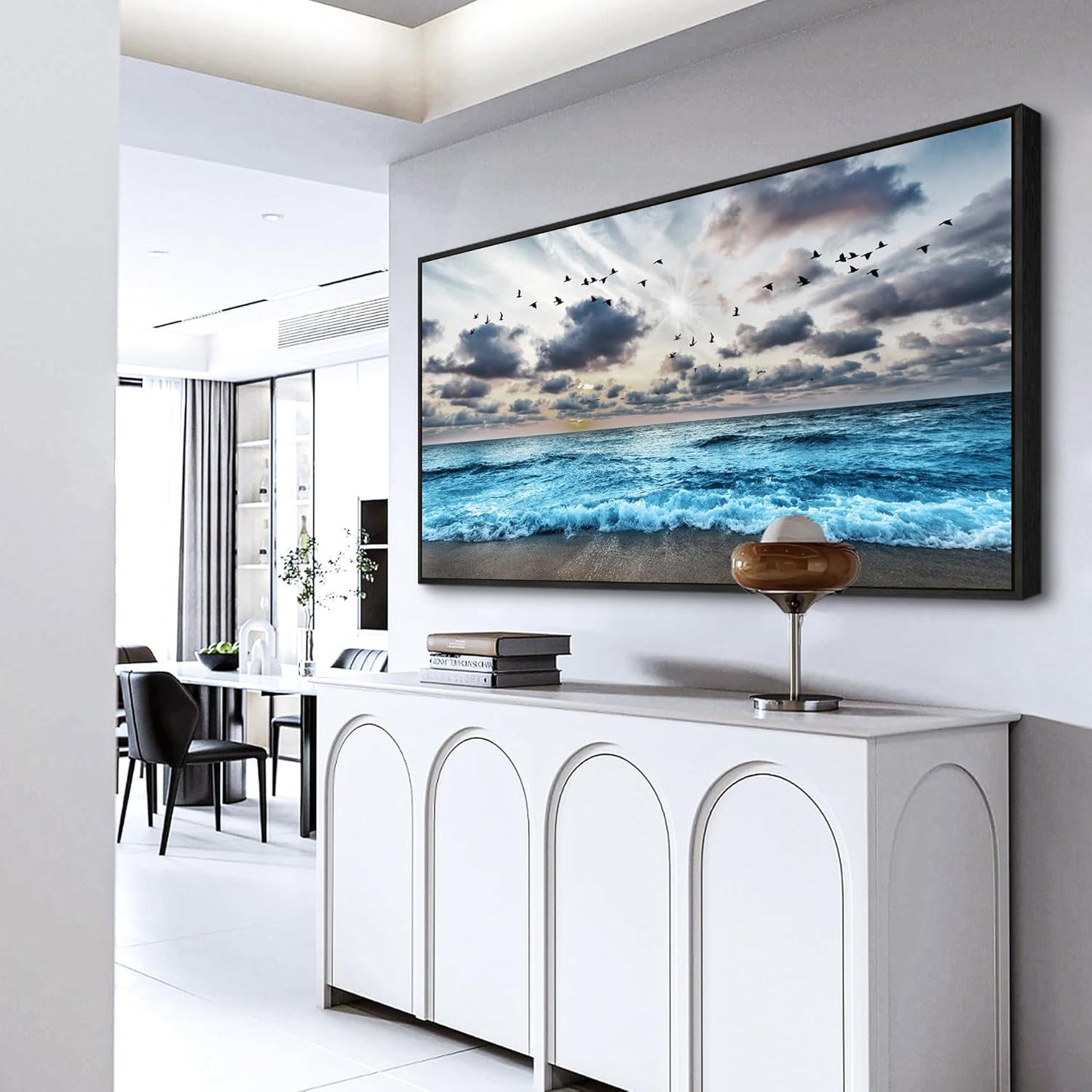 Wapluam Large Wall Decoration For Living Room Black Framed Canvas Wall Art For Bedroom Office Wall Decor Black And White Wall Painting Blue Sea Wave Pictures Artwork Modern Hotel Room Home Wall Art