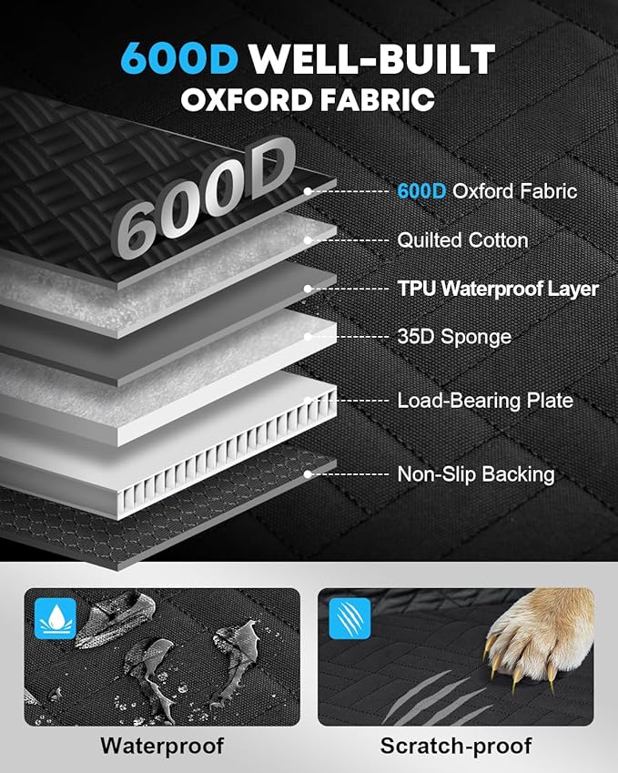 Kohree Dog Car Seat Cover for Medium Large Dogs, Hard Bottom Dog Car Seat Cover for Back Seat Waterproof 600D Car Hammock for Dogs Pet Back Seat Extender for Cars SUV Truck-Upgraded Version