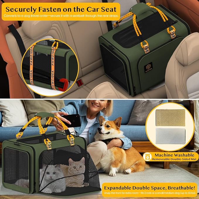 PAWZIDEA Expandable Large Pet Carrier, 24"X16"X16" Cat Carrier for 2 Cats, Collapsible Dog Travel Crate for Small Medium Dog, Soft-Sided Car Seat Cage Bag w/XL Storage Pocket, ID Card, Shoulder Strap