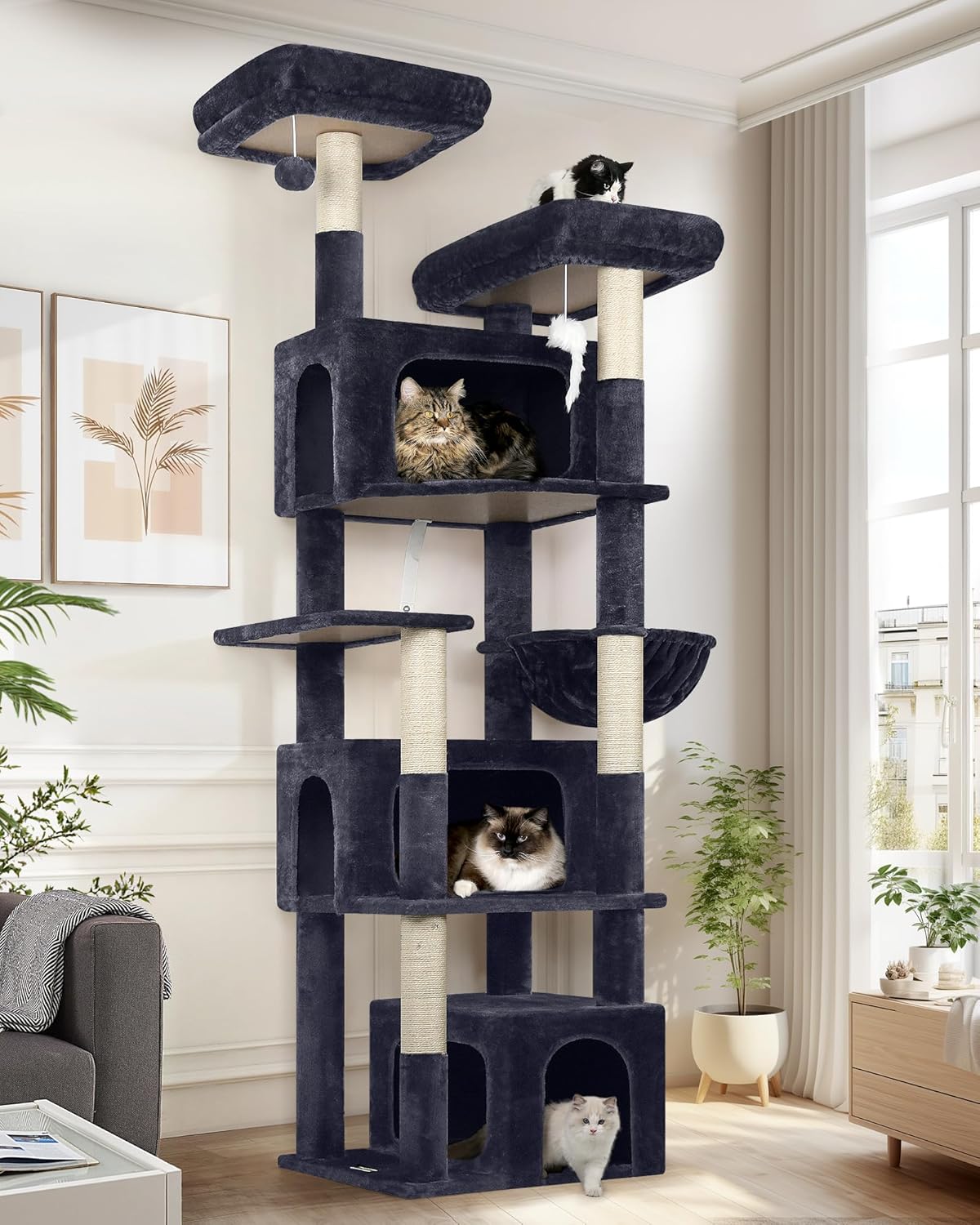 Globlazer Sturdy Cat Tree for Large Cats, 77 inch Large Cat Climbing Tower for Indoor Adult Cats, Cat Scratching Tower with 5 Scratching Posts, 3 Cat Condos, 2 Top Perches, S77, Dark Grey