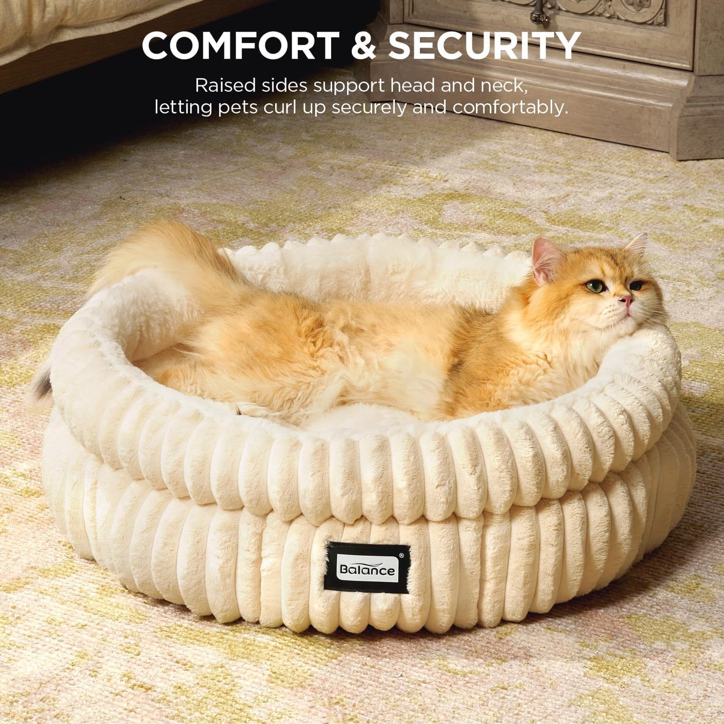 BALANCE Cat Bed Kitten Bed, Washable Round Cat Beds for Indoor Cats,Super Soft Plush Faux Fur Pet Bed for Puppy and Kitten with Anti-Slip Bottom