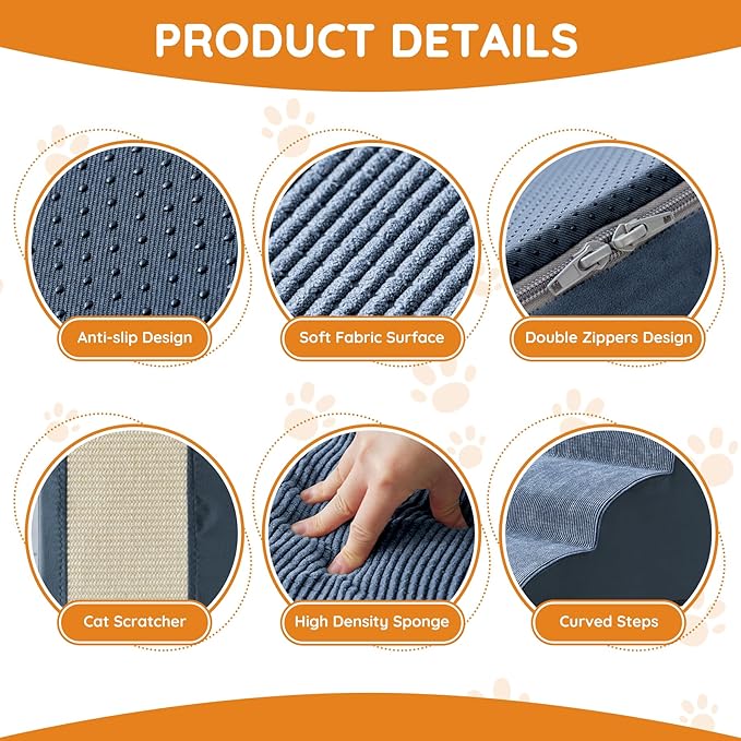 Navy Portable Pet Steps - 4-Step Dog & Cat Ramp for Bed, Couch, Sofa & Chairs - Non-Slip, High Density Foam