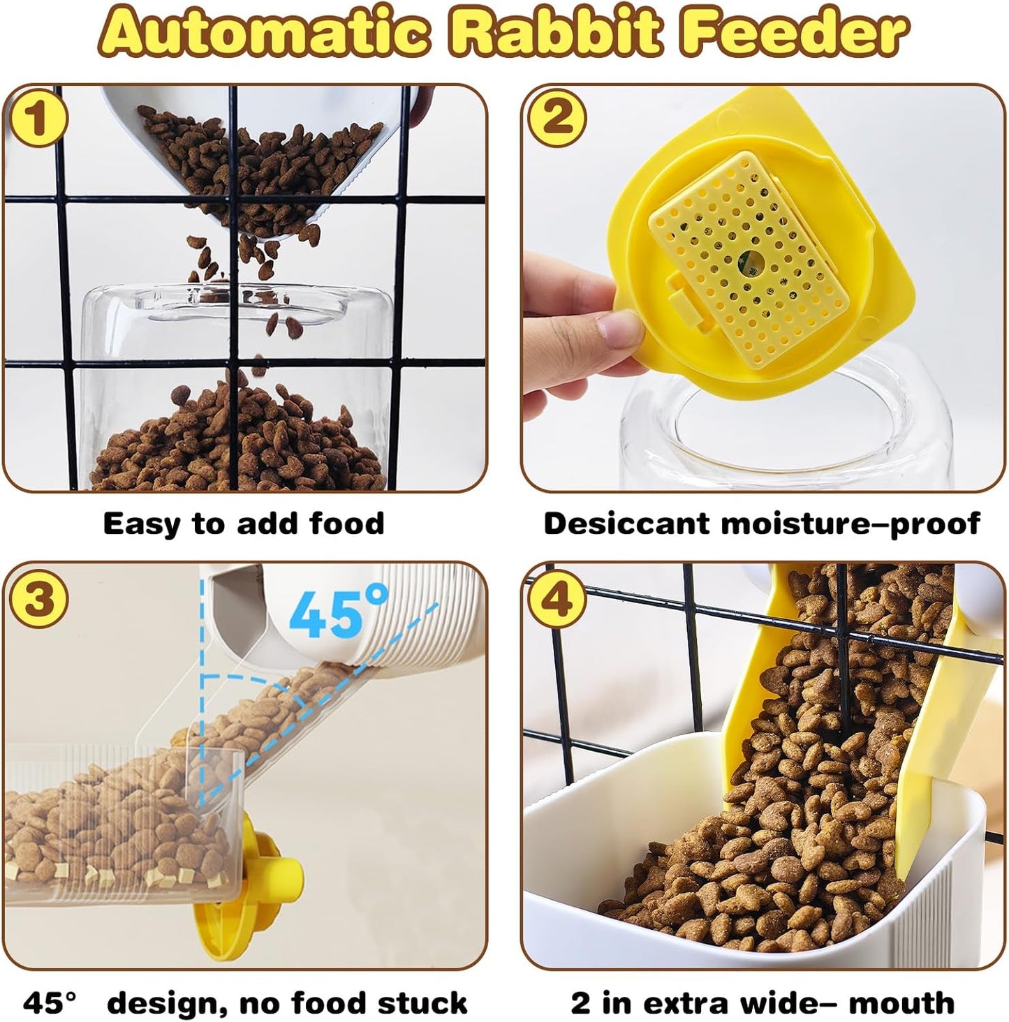 kathson Automatic Rabbit Feeder and Waterer Set, Gravity Pet Food Water Dispenser Bunny Pellet Feeder Small Animal Feeding & Watering Supplies for Guinea Pig Ferret Crate Accessories (Yellow)