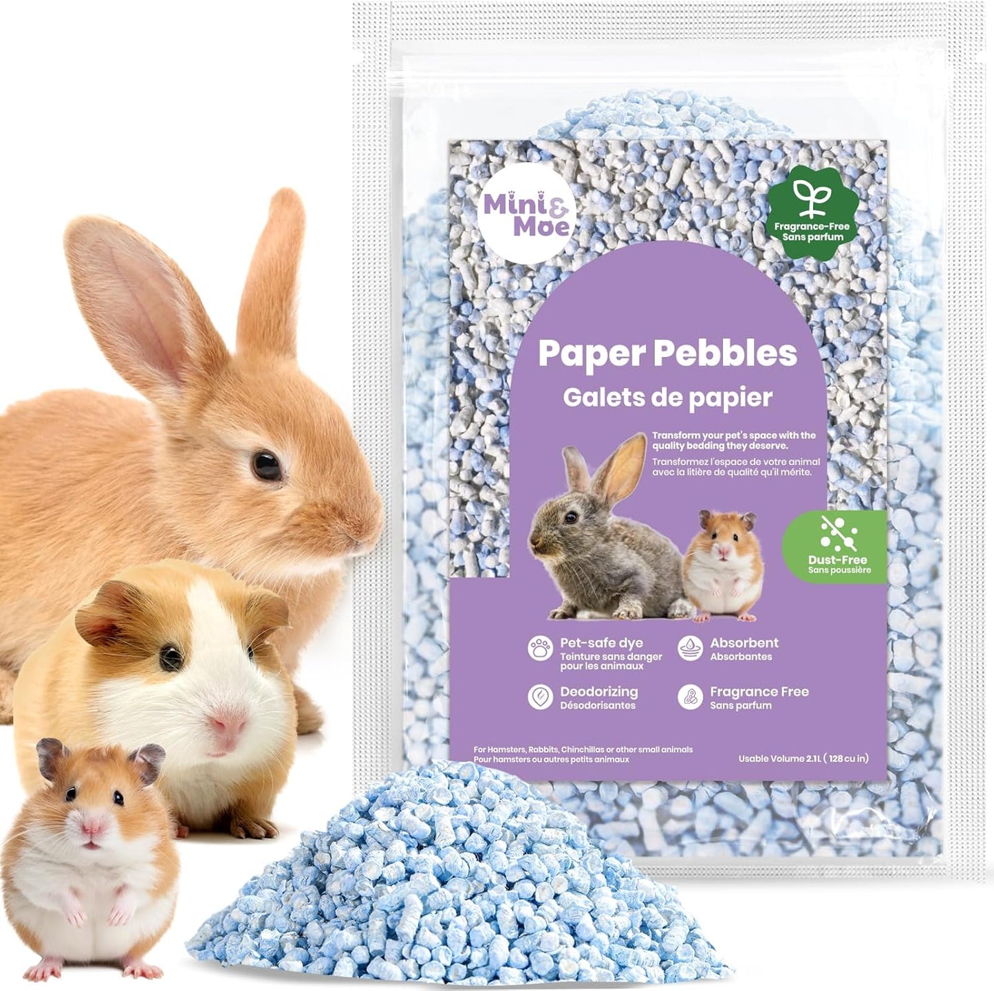 mini&moe Rabbit Bedding Guinea Pig Bedding Paper Pellet Bedding: Odor Control & Moisture Absorbent Natural Paper Pellet Bedding - for Small Animal Guinea Pigs, Rabbits,Hamsters Bedding 1.98lb