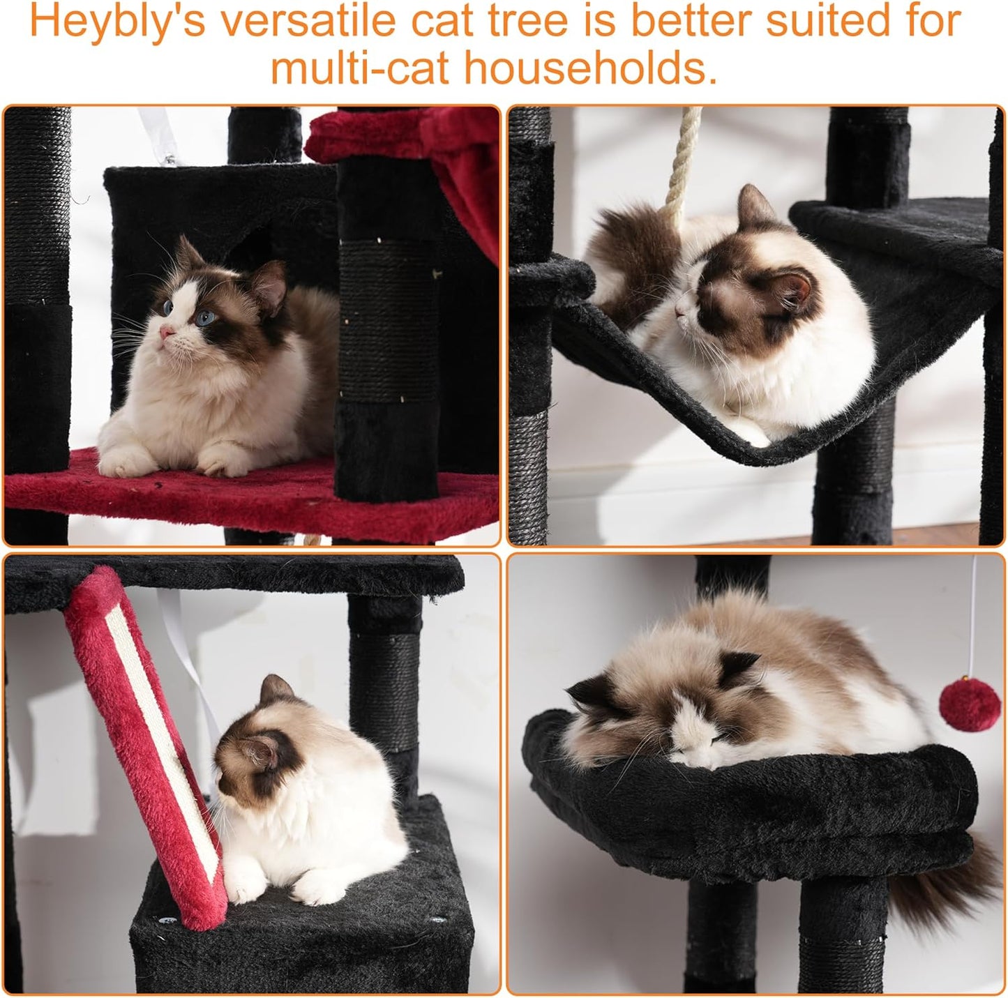 Heybly Cat Tree, 68 inch Multi-Level Cat Tower for Indoor Cats, 2 Widened Plush Perches Cat Condo with Scratching Board and Big Caves, Black and Red HCT025BR