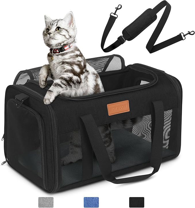 PETUX TSA Approved Pet Carrier in Cabin, 17"x11"x9.5" Soft Cat Carriers for Small Cat up to 12 lb and Puppy up to 10 lb, Top Open Portable Pet Carrier Airline Approved for Travel and Vet Visit (Black)