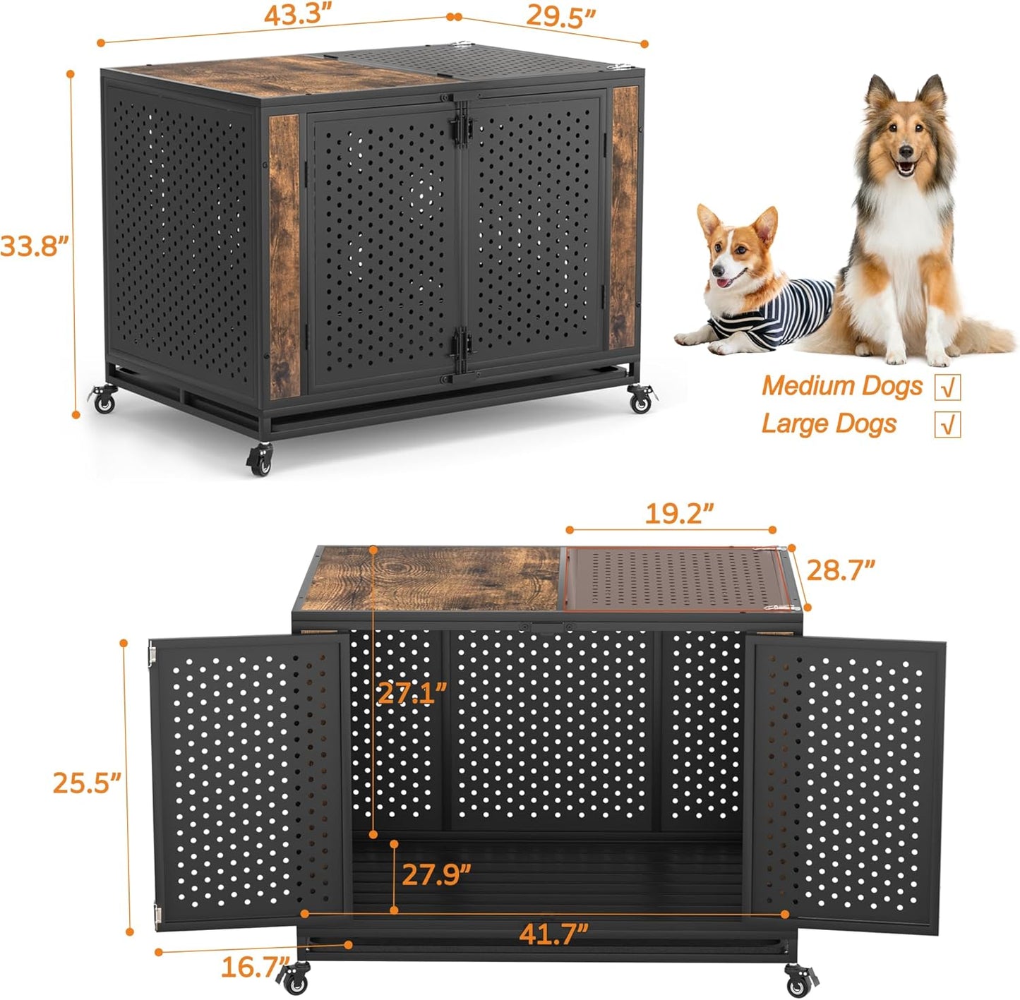 42" Heavy Duty Dog Crate Furniture for Large and Medium Dogs, Enclosed Design with 0.5 inch Holes, Indestructible Metal Kennel for High Anxiety Dogs, Chew Proof Pet House Cage Indoor, Brown