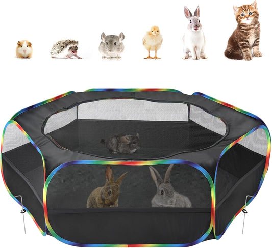 Pawaboo Small Animals Playpen, Waterproof Small Pet Cage Tent with Zippered Cover, Portable Outdoor Yard Fence with 3 Metal Rod for Chick/Kitten/Puppy/Guinea Pig/Rabbits/Hamster, Black + Rainbow