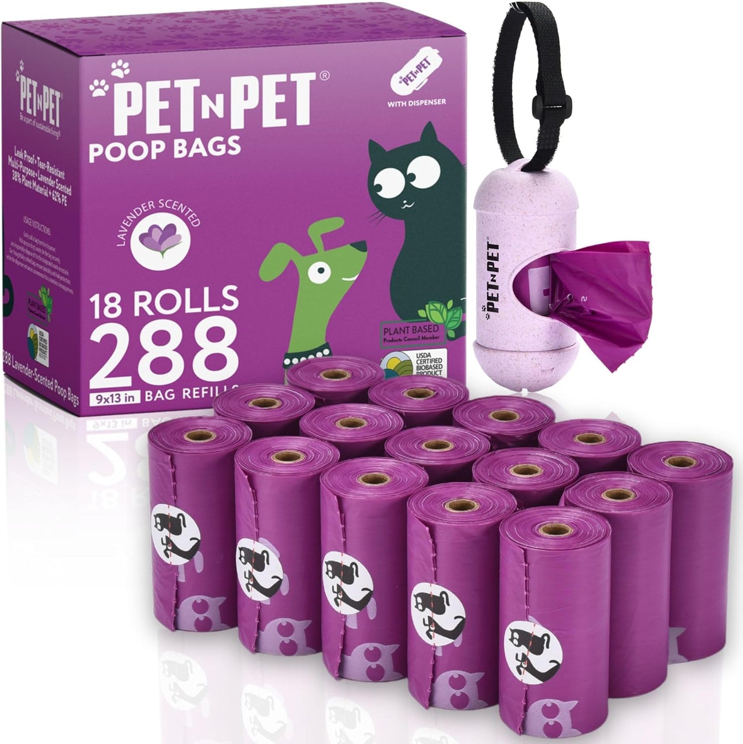 Pet N Pet Poop Bags for Dogs, 288 Counts Lavender Scented Dog Poop Bags Rolls with Leash Dispenser, USDA Certified 38% Plant Based & 62% PE Dogs Waste Bag, Doggie Poo Bag