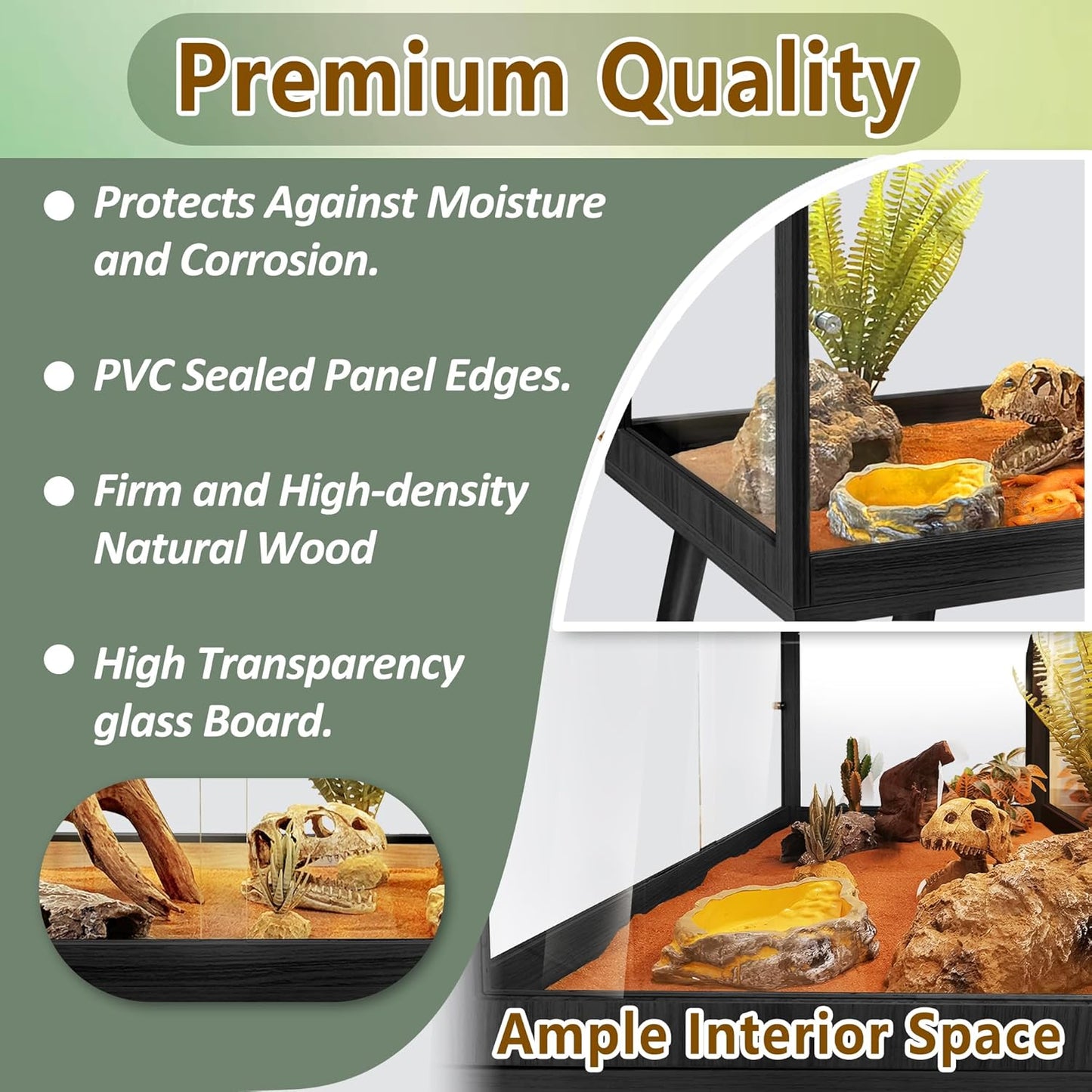 PROLEE Tempered Glass Reptile Enclosure with Leg,48“ Scratch-Proof Bearded Dragon Tank,79 Gallon Lizard Tank with Metal Mesh Tops and Lockable Door,Spacious Reptile Habitat for Snake,Lizard (Black)