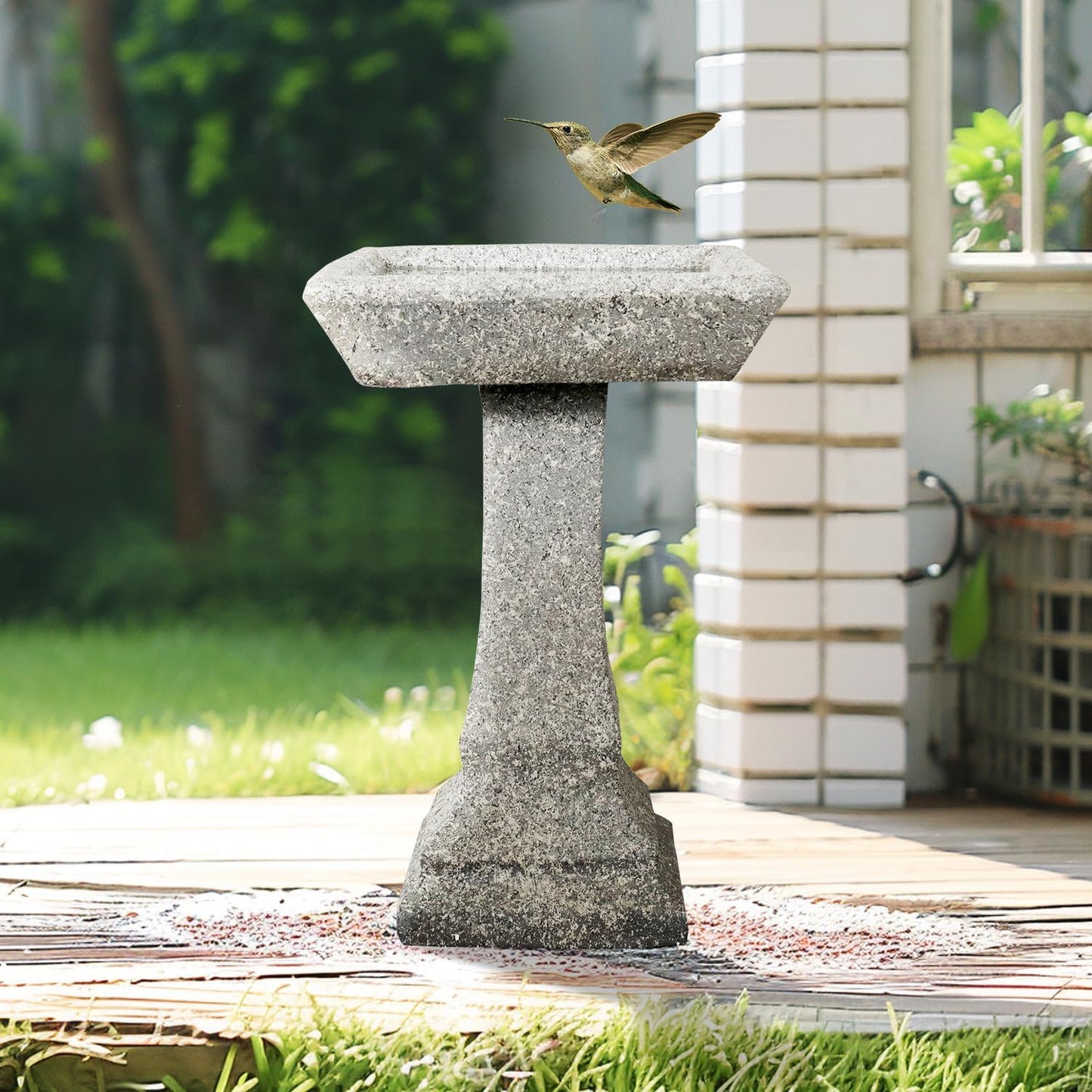 SKYFIRE Freestanding Birdbaths Outdoor - 15”Dia.X 22.8”Tall Concrete Standing Garden Bird Bath Feeder Bowl with Pedestal, Modern Outdoor Birdbath for Patio, Yard, Lawn Decor and Bird Bathing&Feeding
