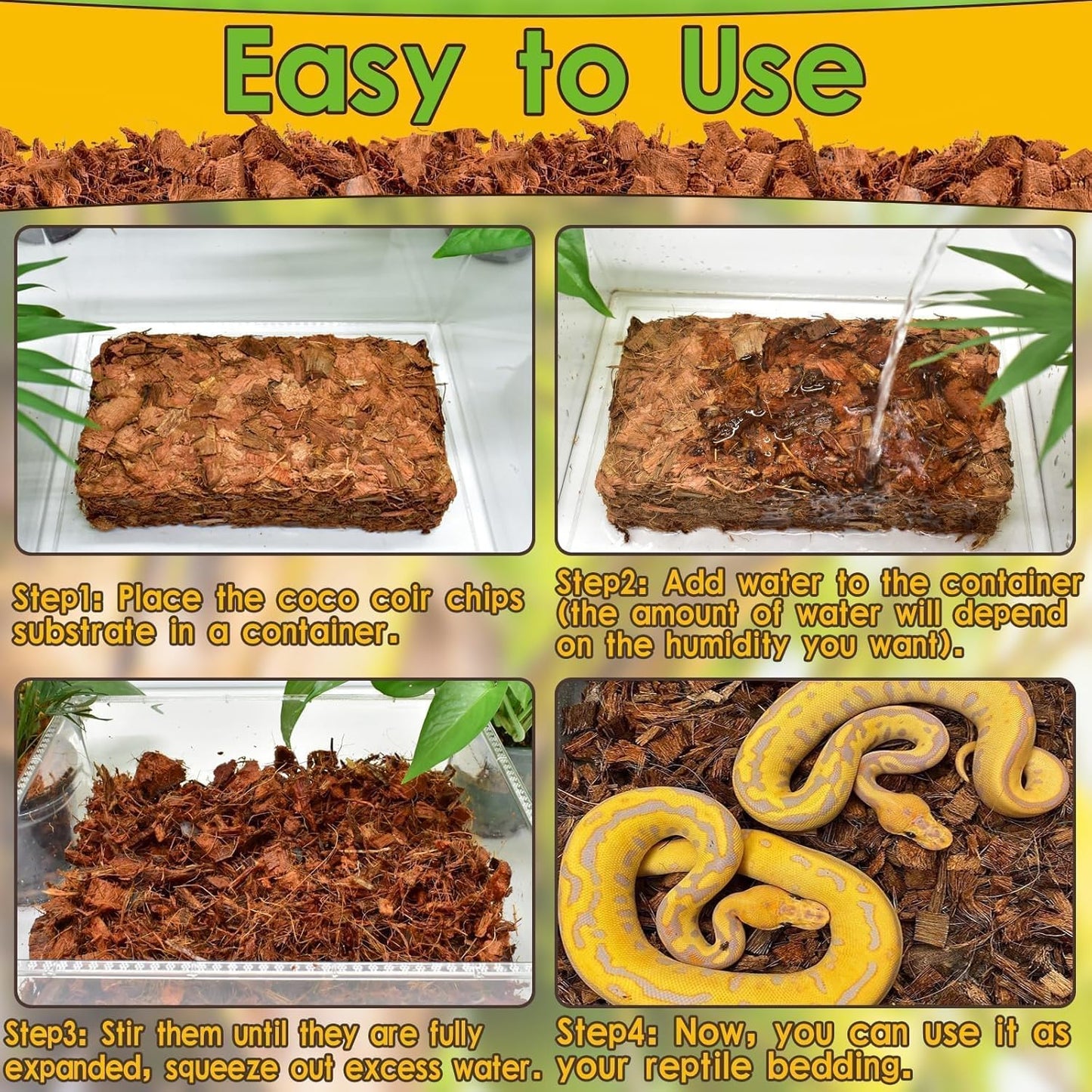 Halatool 2Pack Snake Bedding Natural Coconut Chips Substrate 2.2LB Coconut Husk for Reptiles Tank Terrarium Substrate for Ball Python Frog Gecko Hermit Crab Tortoise