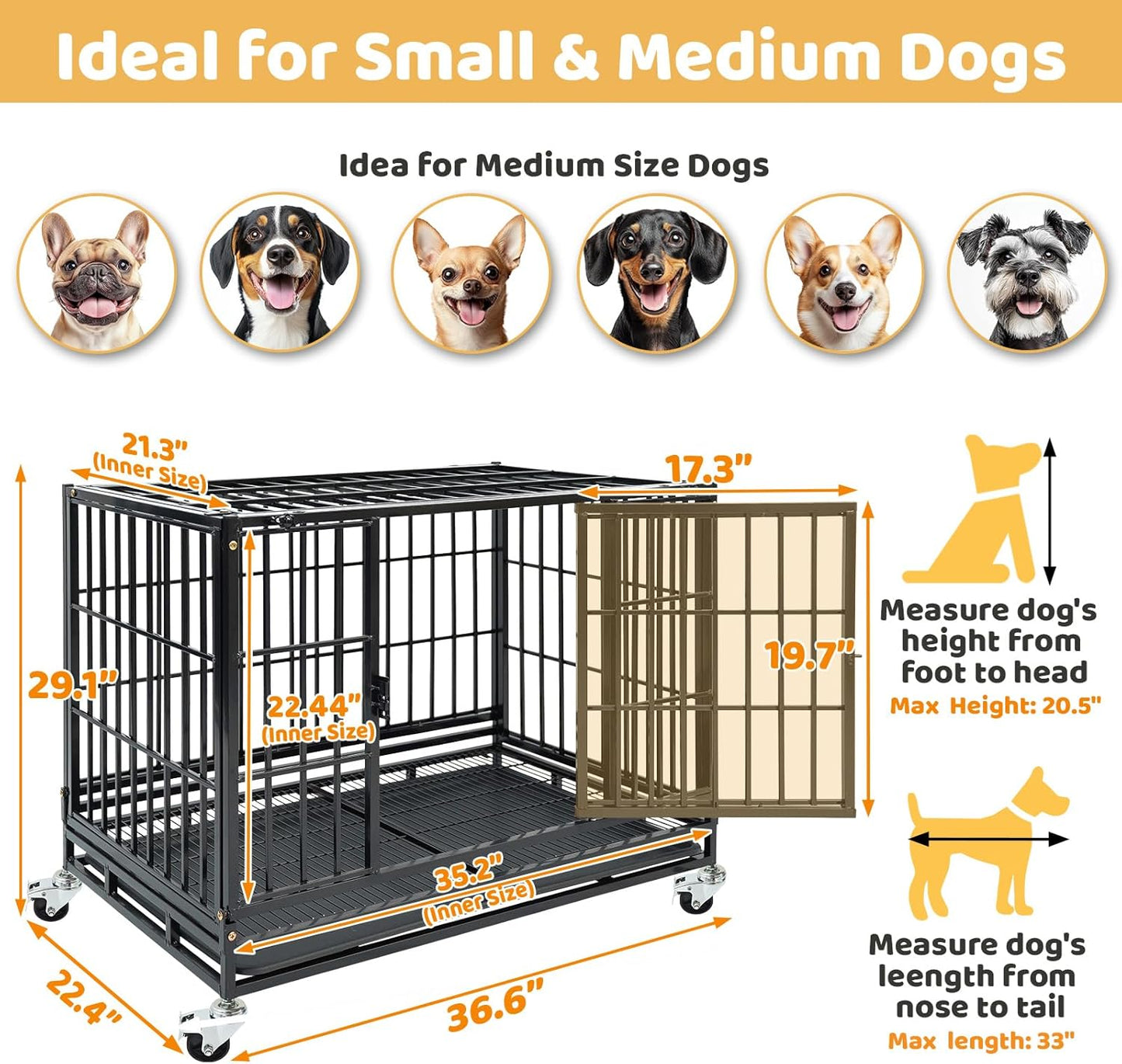 Stackable 36 Inch Dog Crate, Heavy Duty Indestructible Cage Escape Proof Collapsible Kennel with Open Top, Lockable Wheels, Removable Tray & Metal Grid for High Anxiety Medium/Small Dogs