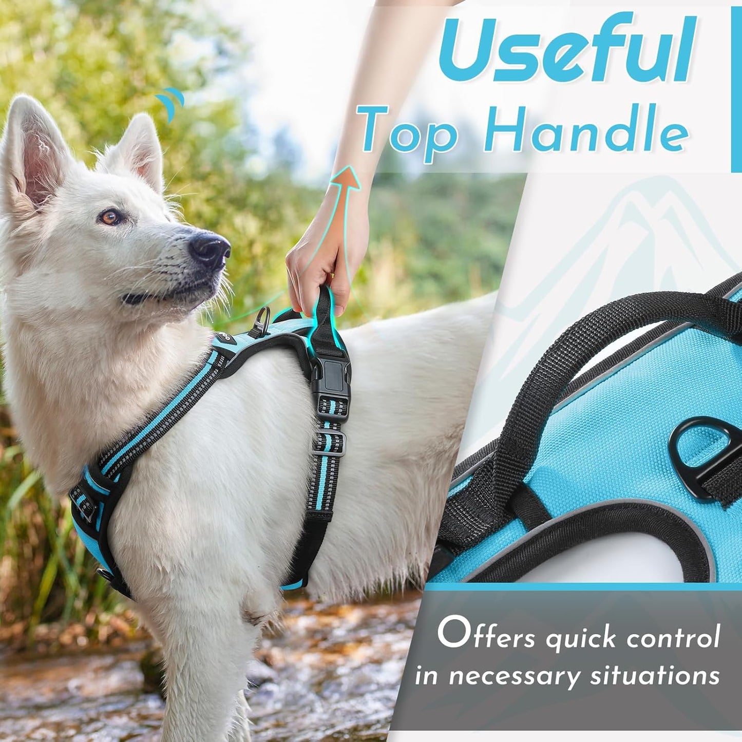 Eagloo Dog Harness for Large Dogs, No Pull Service Vest with Reflective Strips and Control Handle, Adjustable and Comfortable for Easy Walking, No Choke Pet Harness with 2 Metal Rings, Sky Blue, L