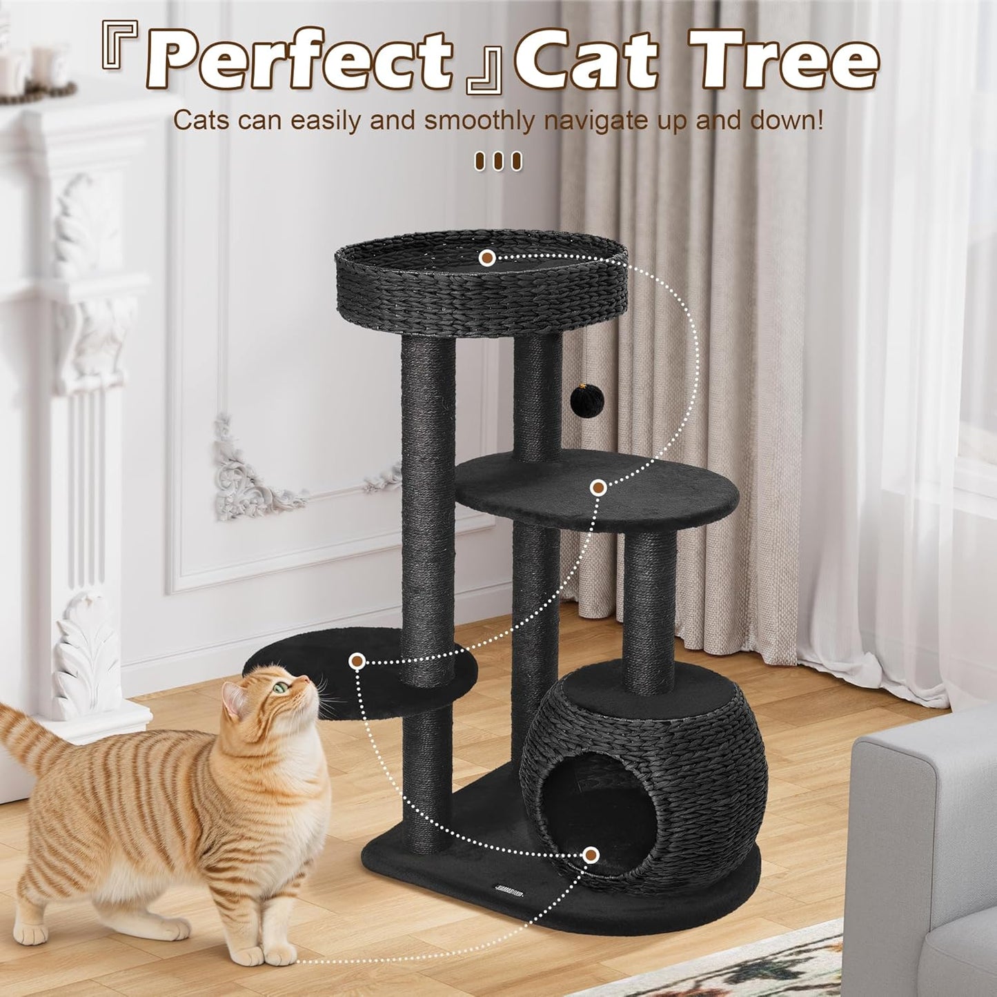 KAMABOKO Modern Cat Tree, 39" Tall Cat Tree Black for Kittens Climb Play & Rest, Cat Trees for Indoor Cats w/Natural Sisal Scratching Posts, Hand-Woven Condo & Top Perch