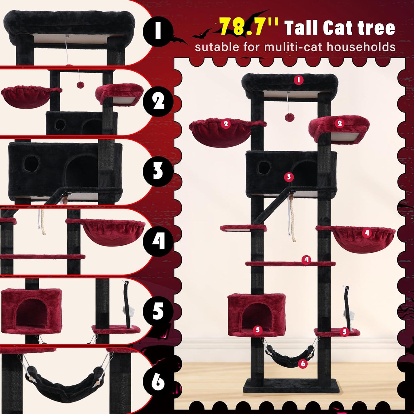 Gothic Cat Tree for Large Cats, 78.7"(200cm) Tall Cat Tower for Indoor Cats Multiple Cats with Large Top Perch, Cat Condo, Cat Hammcok, Cat Scratching Post, Black and Red GCT031BR