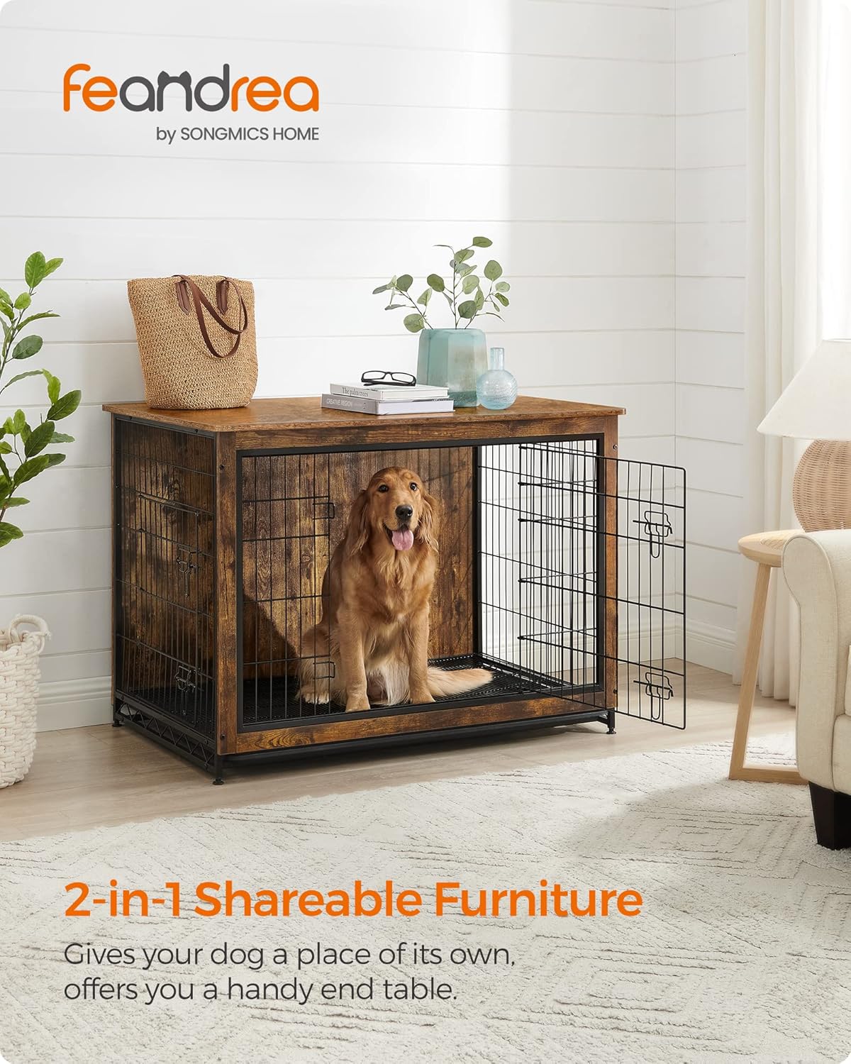 Feandrea Dog Crate Furniture, 44.1" Side End Table, Modern Kennel for Dogs Indoor up to 80 lb, Heavy-Duty Dog Cage with Multi-Purpose Removable Tray, Double-Door Dog House, Rustic Brown UPFC004X01
