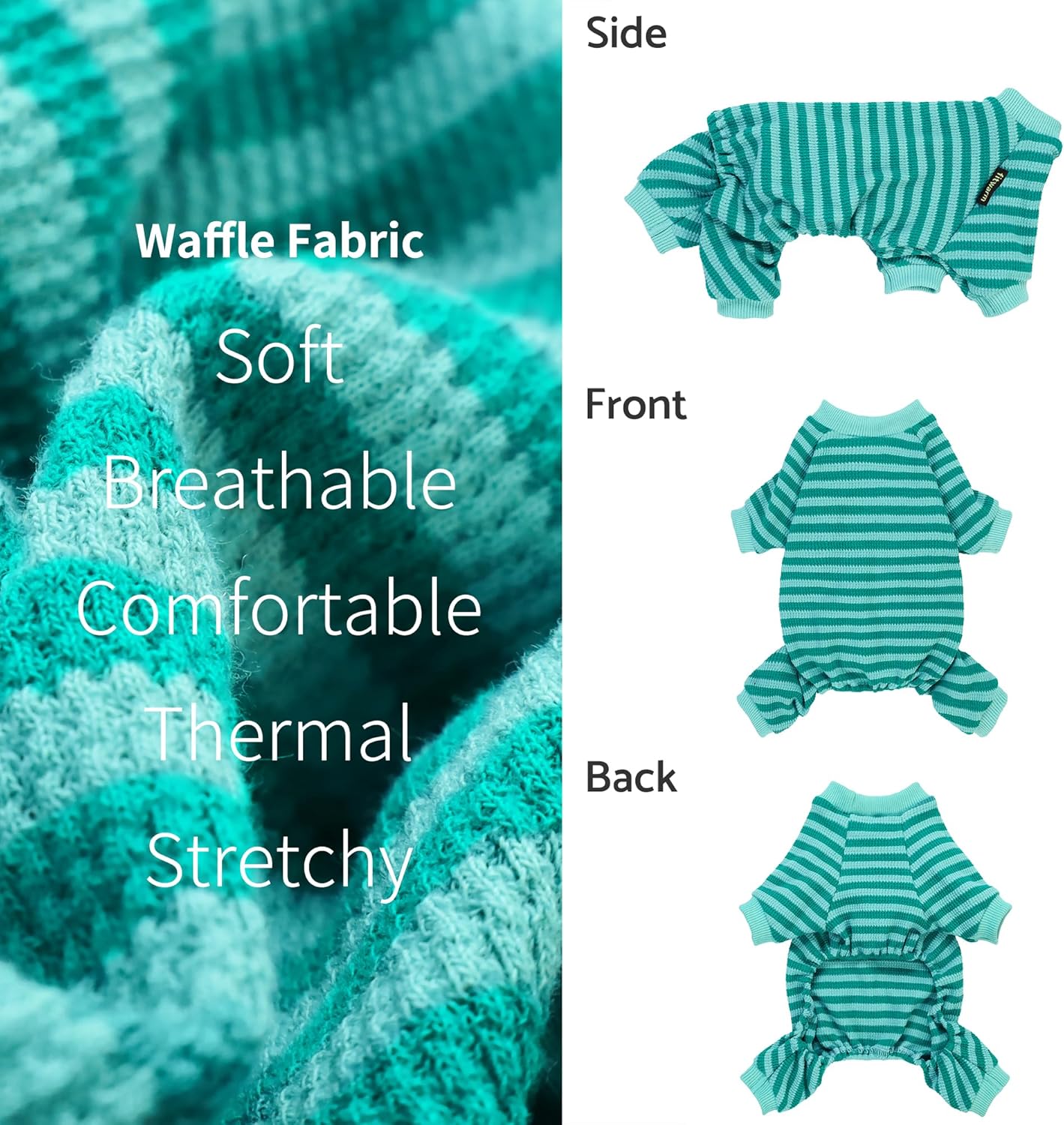 Fitwarm Green and Teal Striped Dog Pajamas, Waffle Dog Clothes for Small Dogs Girl Boy, Puppy Onesie with Feet, Pet Cat Outfit, Medium