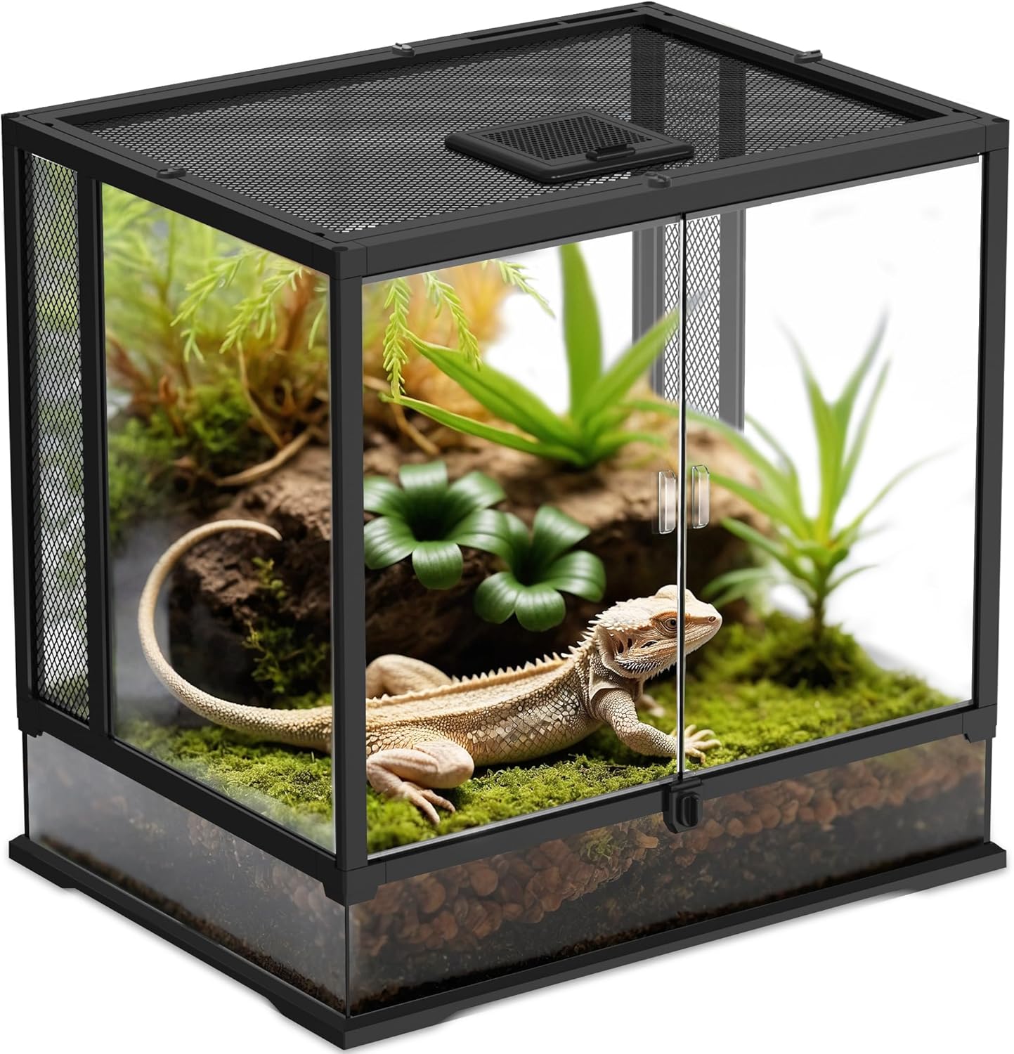 24’’18’’24’’ Reptile Terrarium with Full View Tempered Glass, 43 Gallon Reptile Habitat Comes with Feeding Port and Mesh Top Vent, Suitable for Most Reptiles Such as Chameleon, Lizard and Snake