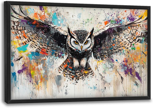 Large Owl Wall Art for Living Room, Framed Oversized Banksy Owl Wall Decor Colorful Wildlife Canvas Painting Animal Pictures Modern Artwork for Living Room Bathroom Bedroom Office Dining Room 36"x24"