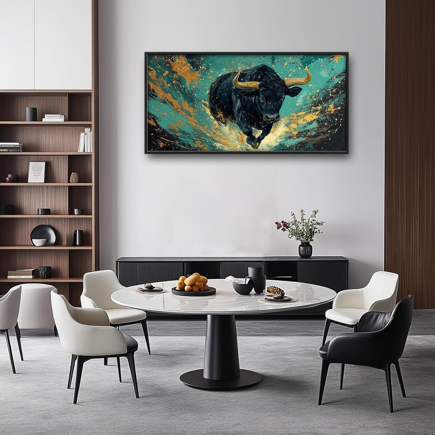 Large Bison Buffalo Wall Art for Living Room, Framed Oversized Bull Wall Decor, Abstract Teal and Golden Canvas Painting Modern Artwork for Living Room Bedroom Office Dining Room 60"x30"