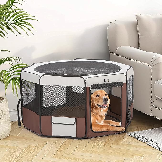 DONORO Dog Playpen Portable Pet Play Pens for Small Dog/Cat/Rabbit/Chicks, Cat Playpen Indoor/Outdoor with Carring Case, Removable Zipper Top and Bottom (Brown, Small (28"x28"x14"), 8)