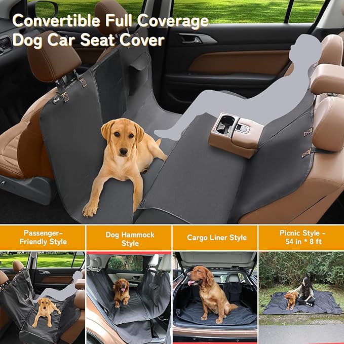 Full-Coverage Dog Seat Cover for Back Seat, 600D Ripstop Dog Hammock for Car,100% Waterproof CarSeat Protector, Suv Cargo Liner for Dogs, Armrest&Child Car Seat Accessible,Install Once,Stay Put