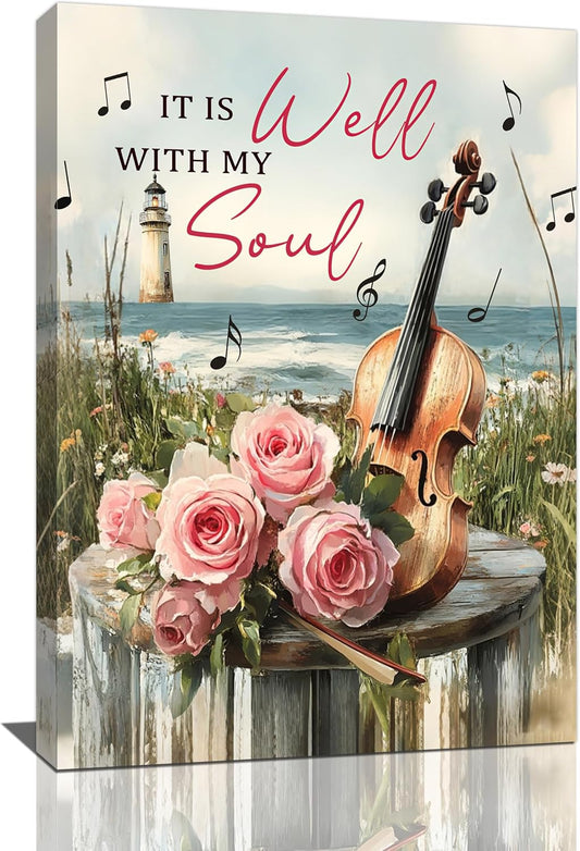 Violin Pictures Wall Art, Music Rustic Country Inspirational Bathroom Wall Decor, Coastal lighthouse Framed Painting Rose Aesthetics Canvas Artwork for Bedroom Living Room Decorations 24"L x 16"W