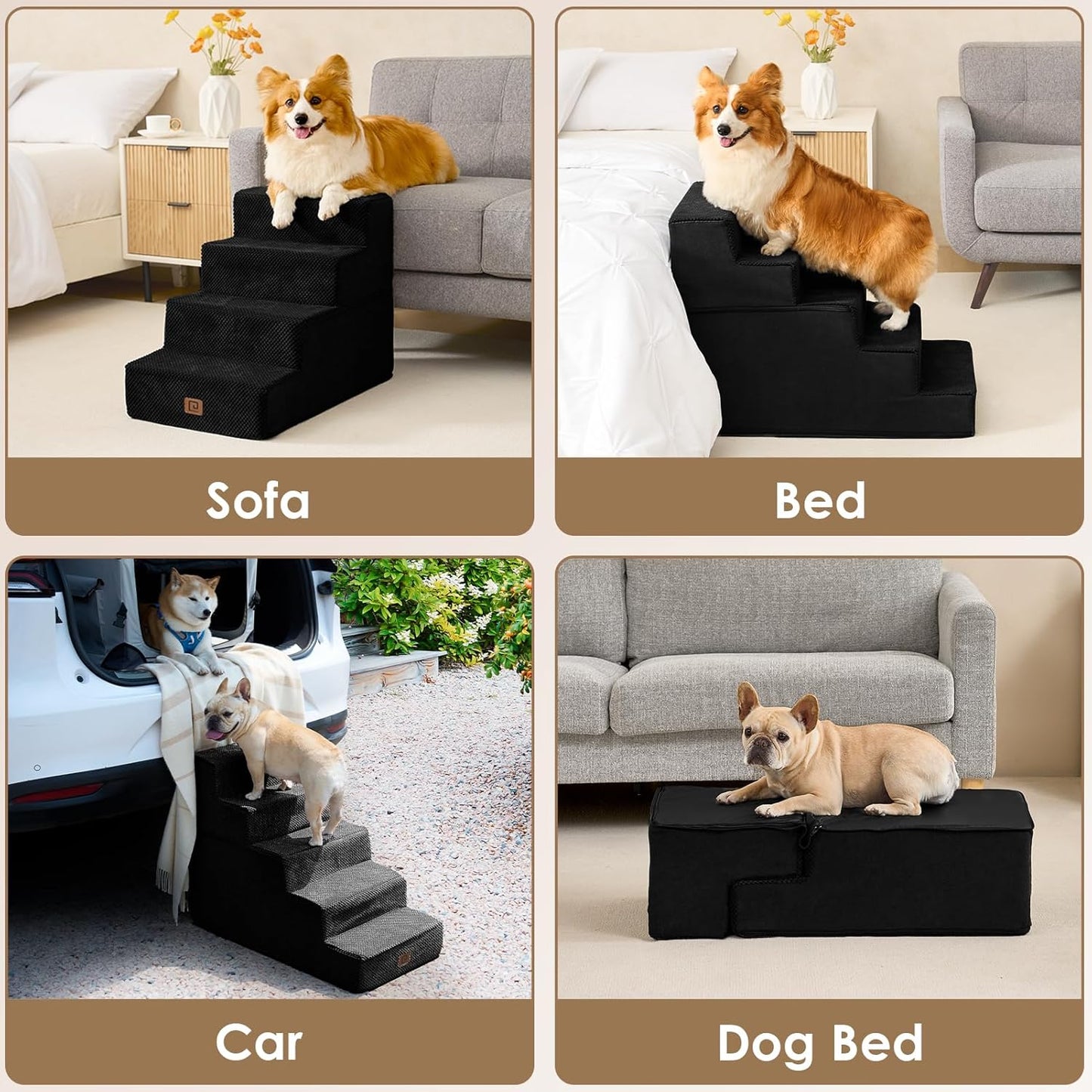 EHEYCIGA Dog Stairs for Small Dogs 13.5" H, 3-Step Dog Steps for Couch Sofa and Chair, Pet Steps for Medium Cats, Non-Slip Balanced Pet Ramp Indoor, Black