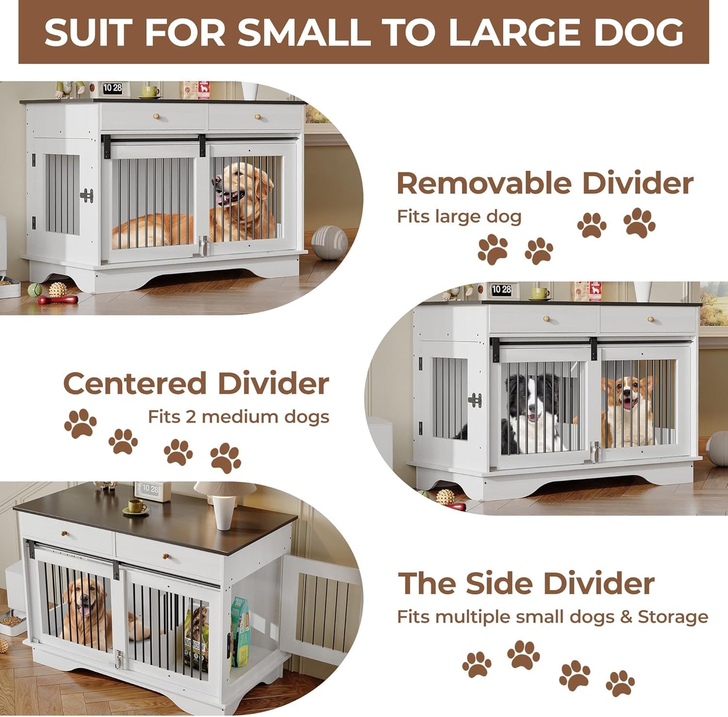 Dog Furniture Crate, 47" Large Dog Crate Furniture w/ 2 Storage Draws & Removable Divider for Large/Medium/Small Dogs (White, Double Cage)