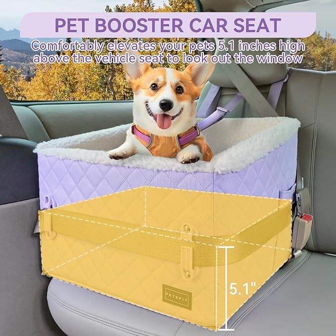 PETSFIT Dog Booster Car Seat, Soft Foam Cat Car Seat with Patented Safety Buckles, Storage Pockets and Detachable Clip-On Safety Leash, Dog Car Seats for Small Dogs Under 30 LBS (Purple)
