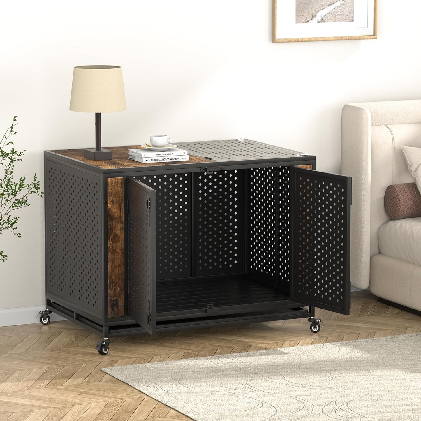 42" Heavy Duty Dog Crate Furniture for Large and Medium Dogs, Enclosed Design with 0.5 inch Holes, Indestructible Metal Kennel for High Anxiety Dogs, Chew Proof Pet House Cage Indoor, Brown