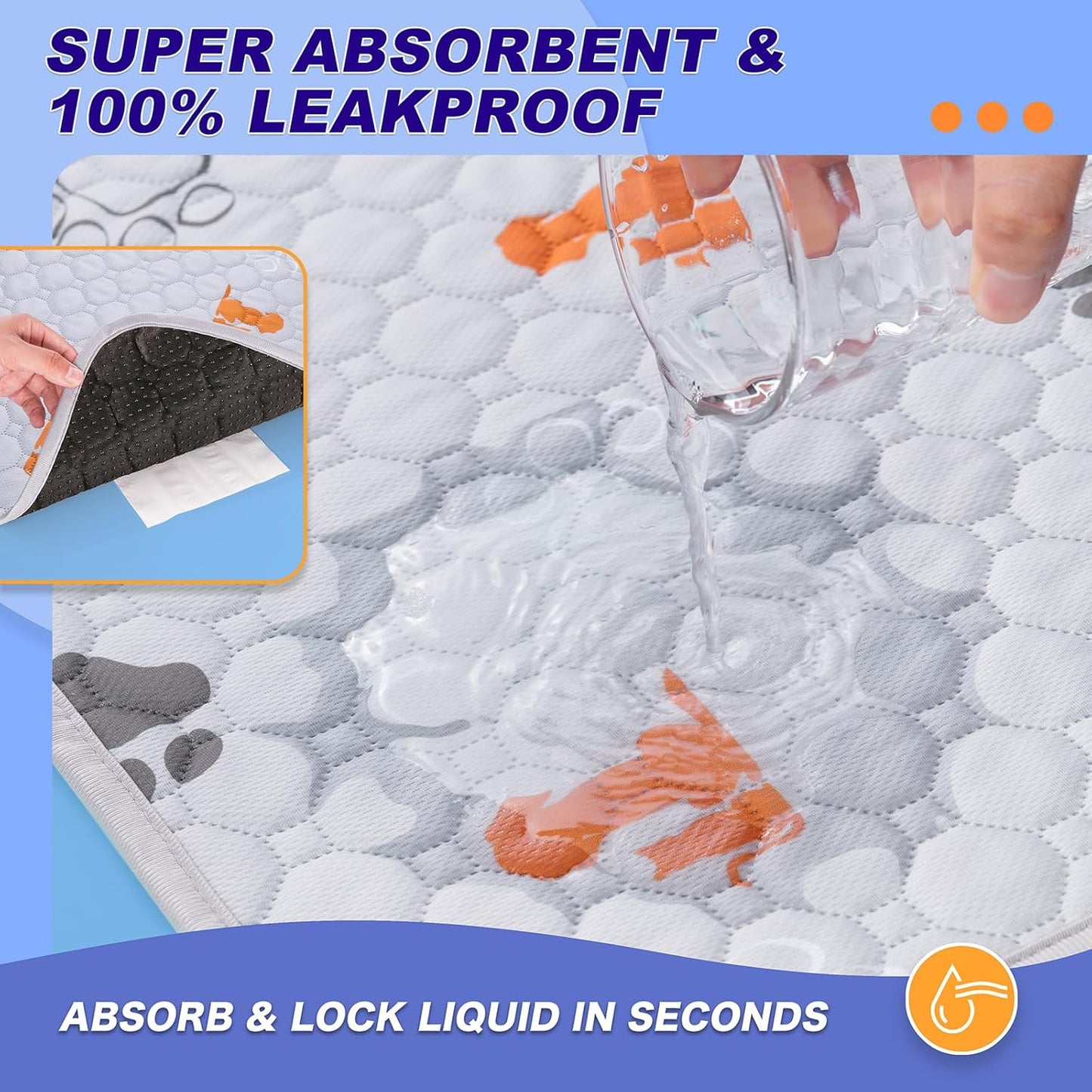 Washable Pee Pads for Dogs, 2 Pack Absorbent Reusable Training Dog Pads Pet Puppy Pads, Non-Slip Potty Pads for Whelping, Playpen, Crate, Bed, Orange, 36"x36"