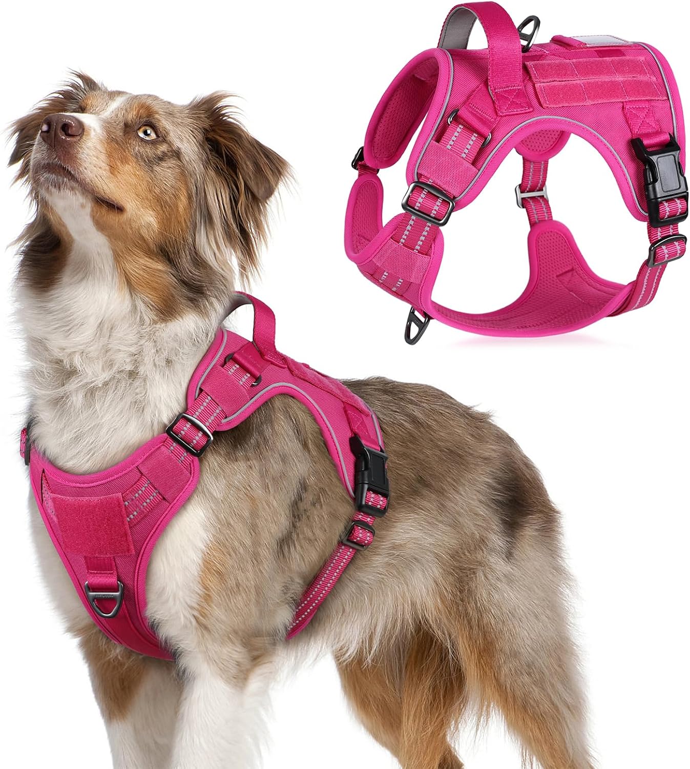 rabbitgoo Tactical Dog Harness Medium Sized Dog, No Pull Military Service Vest with Handle & Molle, Easy Control for Training Walking, Adjustable Reflective Straps, Rose Red, M