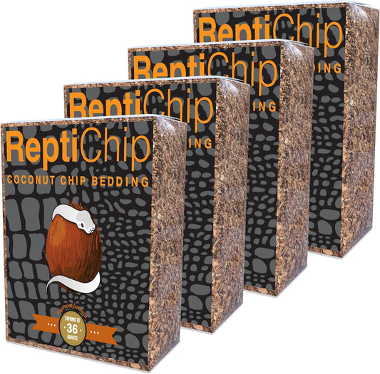 ReptiChip Reptile Bedding Loose Coconut Chip 36 Quart 4 Pack Coco Husk Substrate Mulch for Snake Habitat, Ball Python Terrarium, Turtle Tanks, Tortoise Enclosure
