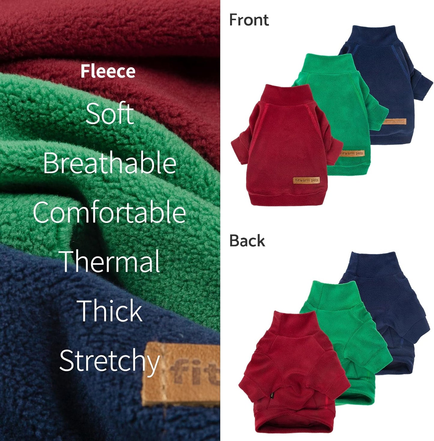 Fitwarm 3 Pack Classic Fleece Dog Sweater, Christmas Dog Winter Clothes for Small Dogs Boy Girl, Holiday Xmas Pet Apparel, Burgundy Red, Green, Navy Blue, Large