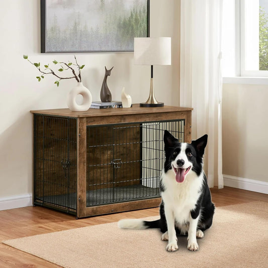 Dog Kennel Furniture, Wooden Dog Crate End Table, Heavy Duty Dog Crate, Decorative Pet Crate Dog Cage for Large Indoor Use (Rustic Brown) 39" L×26" W×27" H